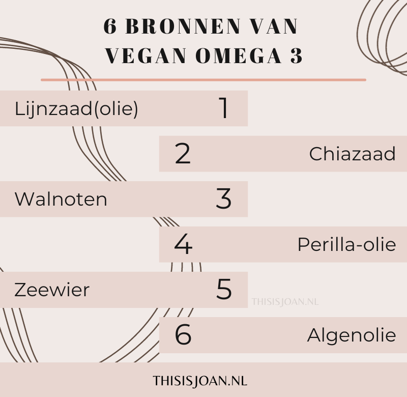 een infographic waarop zes vegan omega 3 bronnen staan